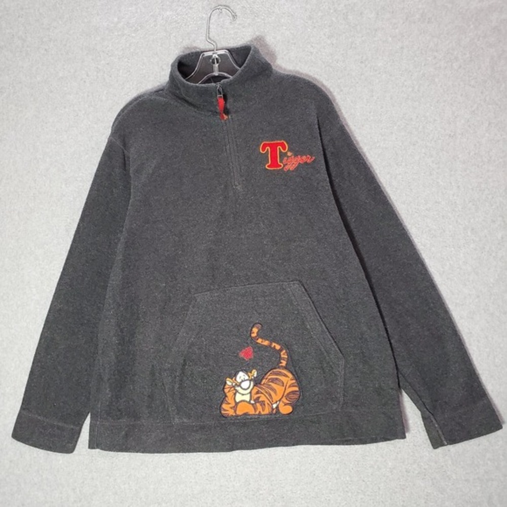 VINTAGE Disney Women Sweatshirt Large Gray Y2K Fleece Tigger Embroidered 1/4 Zip